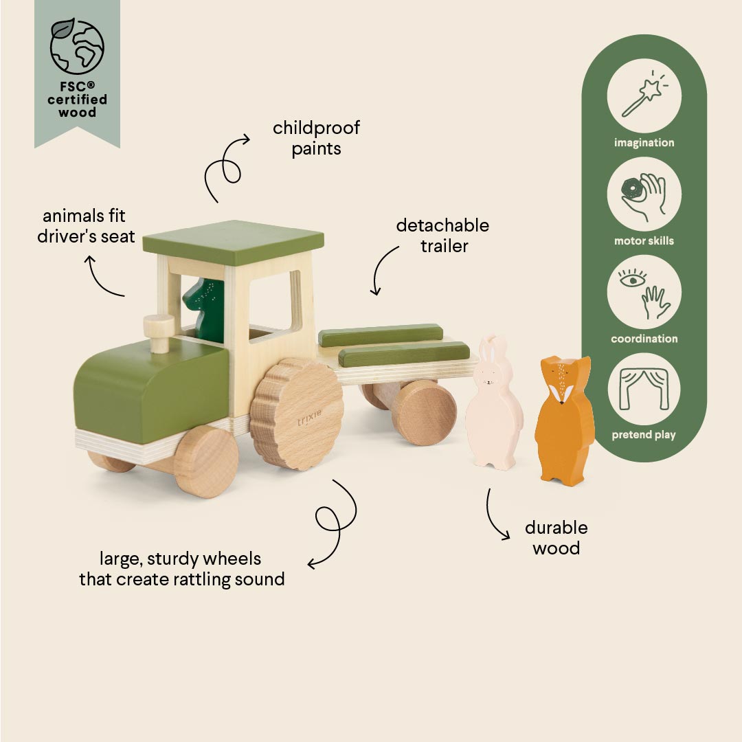 Trixie - houten tractor met aanhangwagen