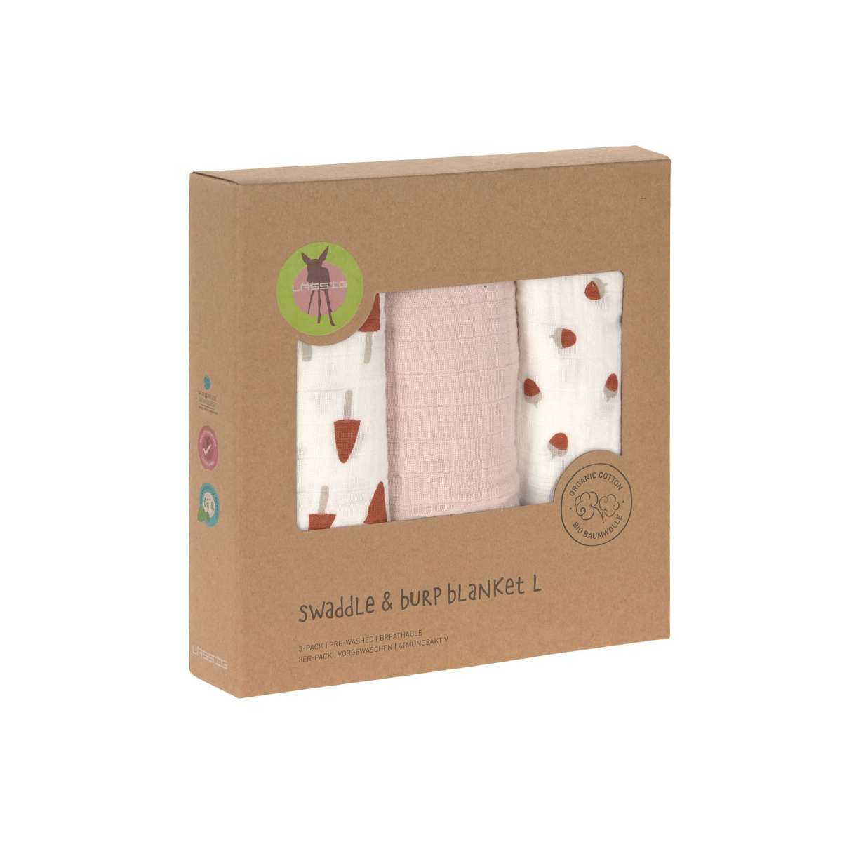Lässig - swaddle en burp blanket L - powder pink - 3 stuks